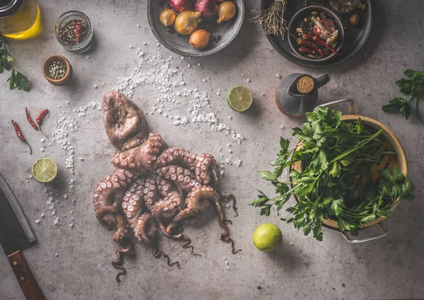 Zeevruchten Koken Rauwe Octopus Met Natuurlijke Ingrediënten Specerijen Verse Kruiden — Stockfoto