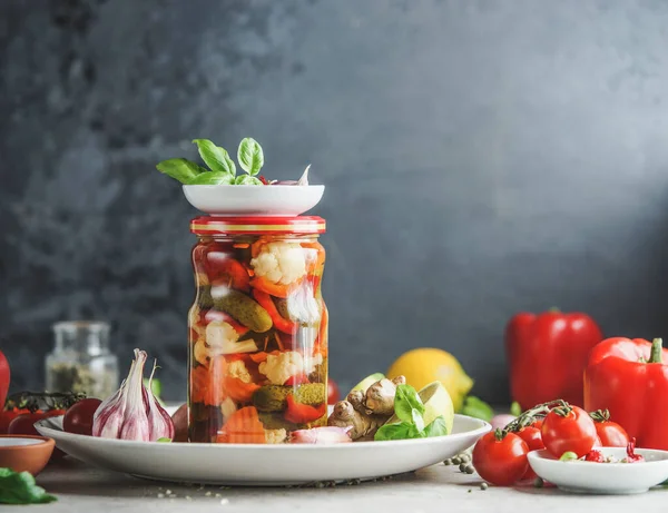 Homemade Preserved Vegetables Glass Jar White Plate Table Kitchen Utensils — Stock Photo, Image