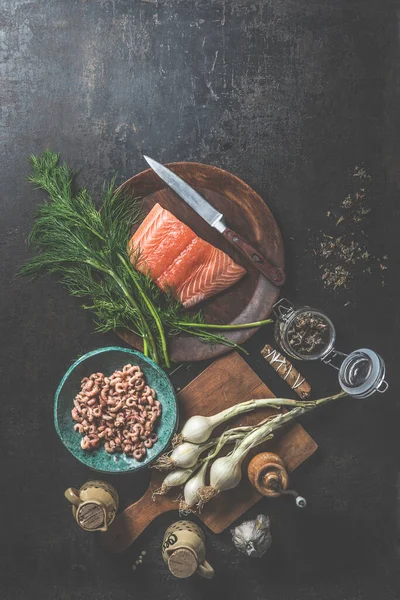 Raw Salmon Fillet Wooden Plate Dill Knife Other Ingredients Preparing — Stock Photo, Image