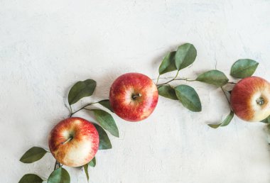 Yeşil yapraklı, beyaz masada kırmızı elmalar.