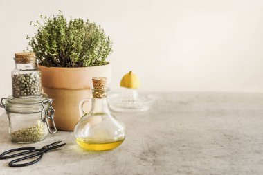 Kekikli otlar, bitkisel tuz, zeytin yağı, limon, narenciye sıkacağı ve mutfak makası soluk bej arka planda gri beton mutfak masasında. Sağlıklı yemek. Ön görünüm.