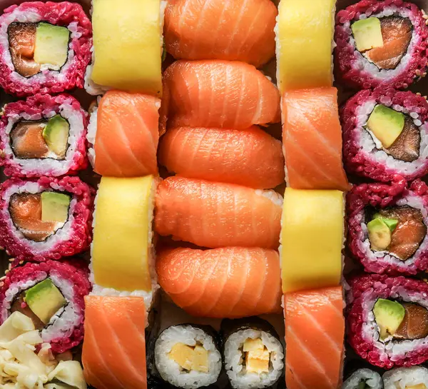 Sushi Φόντο Που Διάφορα Nigiri Maki Και Σούσι Ρολά Άνω Royalty Free Εικόνες Αρχείου