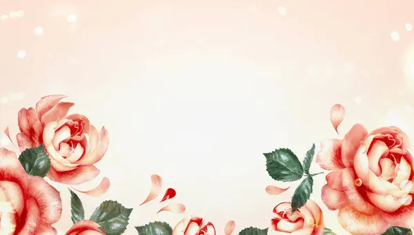 Beautiful Floral Border Roses Flying Petals Leaves Pastel Background Bokeh Stock Photo