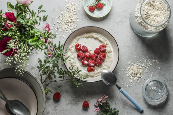 Bowl Porridge Heart Shaped Raspberries Grey Concrete Kitchen Table Glass Stock Image