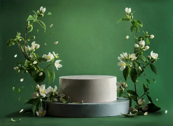 Beautiful Dark Green Background White Grey Product Podium Jasmine Flowers Imágenes De Stock Sin Royalties Gratis