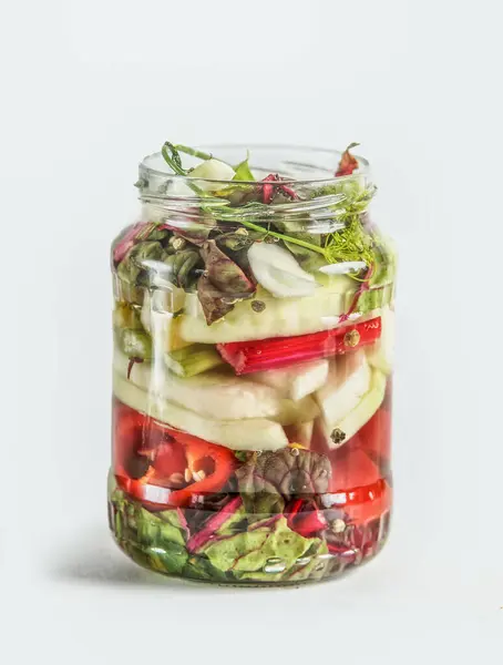 Glass Jar Fermented Vegetables White Background Homemade Preserved Pickled Food Imagen De Stock