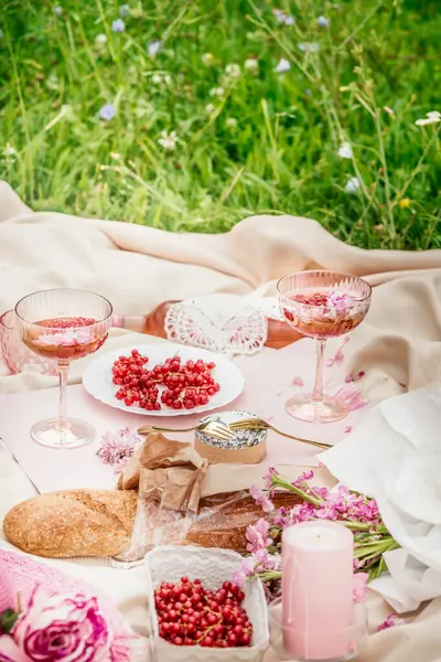 Aesthetic Summer Picnic Baguette Fruits Cheese Champagne Candles Flower Food Fotos De Stock