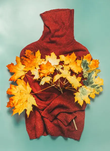 Brown Turtleneck Sweater Yellow Autumn Leaves Blue Background Fashion Concept Imagen De Stock