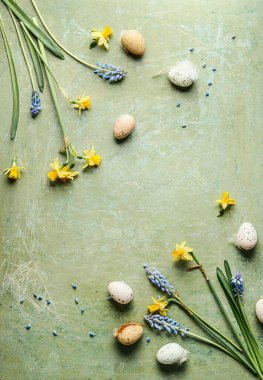 Paskalya arkaplanı yumurta, nergis ve yeşil sümbül çiçekleri, üst manzara. Çerçeve
