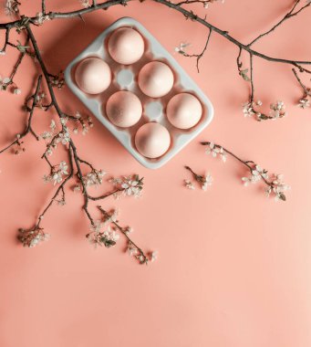 Paskalya yumurtaları ve kiraz çiçekleri dallarıyla Paskalya arkaplanı.