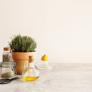 Zeytinyağı, taze saksı otları, limon ve baharatlar ile besin aromalı duvardaki beton mutfak masasında. Ön manzara. Boşluğu kopyala