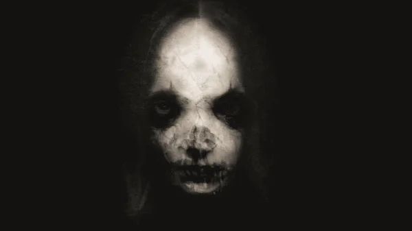 一个恐怖的概念可怕的女性恶魔肖像 有一个死了的骷髅编辑看着摄像机 黑暗的背景下 — 图库照片