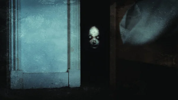 Horror Concept Demon Glowing Eyes Looking Out Bedroom Cupboard Grunge Stockbild