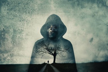 A double exposure of a hooded skull like demon. With the silhouette of a man by a tree. With a grunge edit