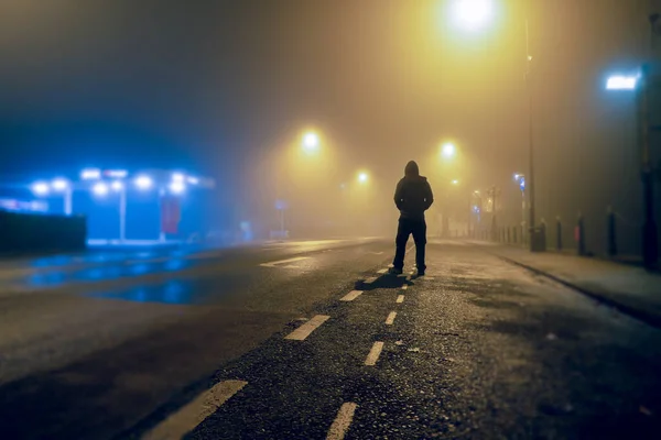 A mysterious hooded figure, back to camera. Standing on an empty road in a city. On a eerie winters night