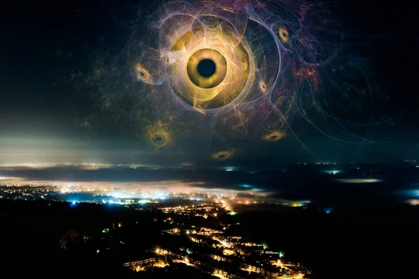 Ett Science Fiction Koncept Ett Lysande Utomjordiskt Ögonmonster Flyter Himlen — Stockfoto