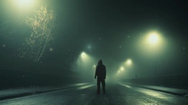 Ürkütücü bir bilim kurgu konsepti. Gizemli kapüşonlu bir figür, kameraya geri dönüyor. Boş bir yolda duruyor. Gökyüzünde parlayan UFO ışıklarıyla. Ürkütücü bir kış gecesinde