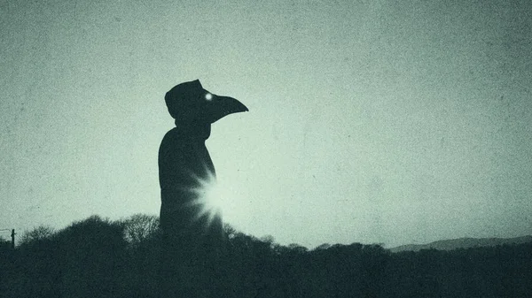 A mysterious horror figure wearing a plague doctor crow mask. Silhouetted against the sun on a winters day. With a grunge, grainy vintage edit.