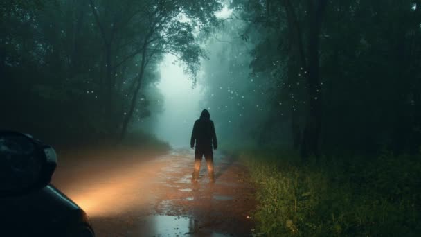 在一个令人恐怖的雾蒙蒙的夜晚 一个头戴头巾的人影 在一条可怕的乡间路上 看着神秘的发光不明飞行物超自然的灯光在森林中移动 — 图库视频影像