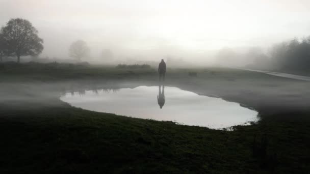 Eine Gespenstische Gespensterfigur Verschwindet Spiegelt Sich Einem Teich Silhouette Auf — Stockvideo