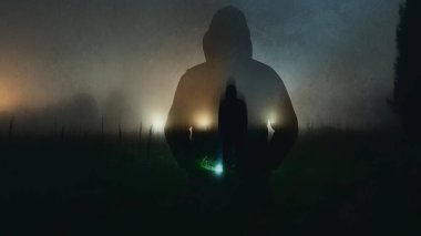 Bir yolda duran doğaüstü bir iblis. Kırsalda ürkütücü sisli bir gecede. Bir grunge soyut düzenleme ile.