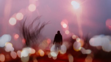 Bokeh sokak ışıklarının iki kez görülmesi gibi bir rüya. Esrarengiz bir figürle. Gökyüzüne karşı siluet.