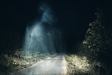 Gecenin bir yarısı kırsaldaki bir yolda kapüşonlu şeffaf bir figür gibi ürkütücü bir hayalet. Bulanık bir grunge düzenleyicisiyle