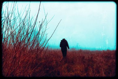 Klasik bir grunge editörü. Kasvetli ve kasvetli bir kırsal kesimde, kasvetli ve gizemli bir kış gününde sisli bir tarlada yürüyen yalnız bir hayaletin hikayesi.