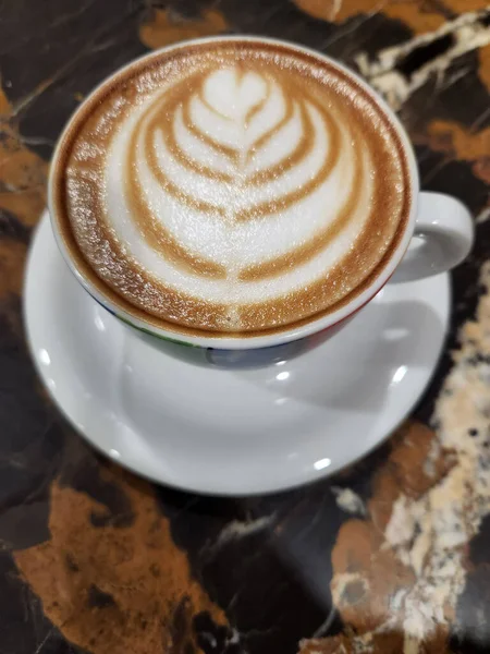 Kawa Filiżanka Kawy Marmurowej Powierzchni Kawa Piankowa — Zdjęcie stockowe