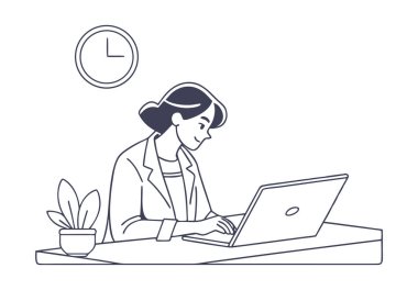 Bilgisayarda çalışan kız. Vektör illüstrasyonu