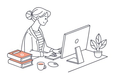 Ofisinde bilgisayarı olan bir kadın. Vektör illüstrasyonu