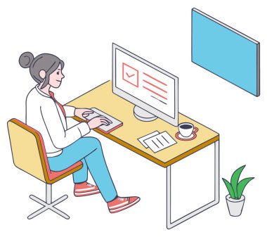 Bilgisayardaki ofis çalışanı. Vektör illüstrasyonu
