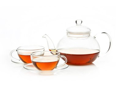 Çay takımı. Çay demlenmiş cam çaydanlık.