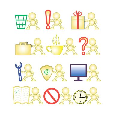 İş süreciyle ilgili el çizimi simgelerinin vektör kümesi. Monolin renkli piktogramlar ve bilgi tasarım elementleri