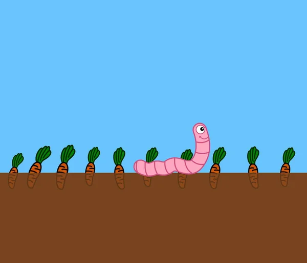 一只笑着的粉红蠕虫爬在菜田里的地面上 — 图库照片