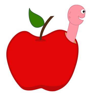 Kırmızı elma sulu bir vektörden çıkan gülümseyen pembe kurtçuk