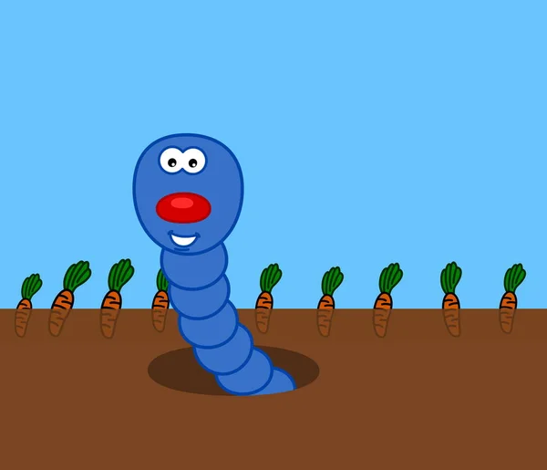 Smiling Blue Worm Stirring Soil Vegetable Field Illustration — Stok fotoğraf