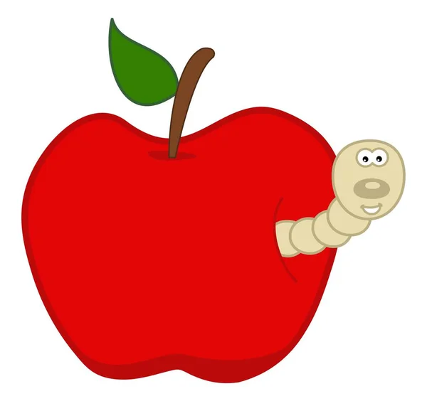 Smiling White Maggot Coming Out Juicy Red Apple Vector —  Vetores de Stock