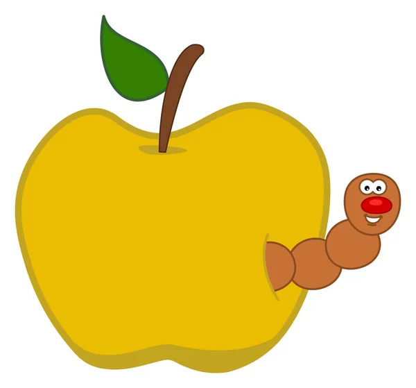 Smiling Brown Maggot Coming Out Juicy Yellow Apple Vector — Stock Vector