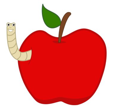 Smiling white maggot coming out of a juicy red apple - vector