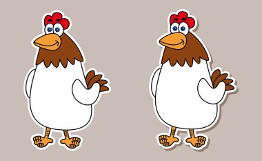 Set of two stickers of farm hens white and brown on colored background