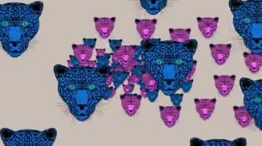 Blue leopard with blue eyes and pink leopard with brown eyes on a green background - animation 