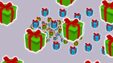 Gift boxes filled with toy with scroll pattern on green background - animation