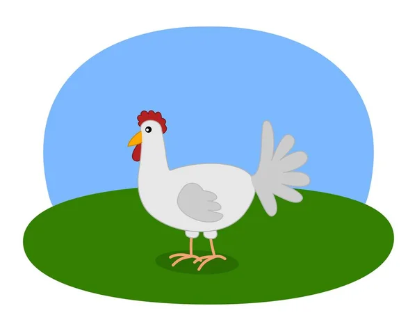 Illustration Einer Weißen Henne Mit Grüner Wiese Und Blauem Himmel — Stockvektor