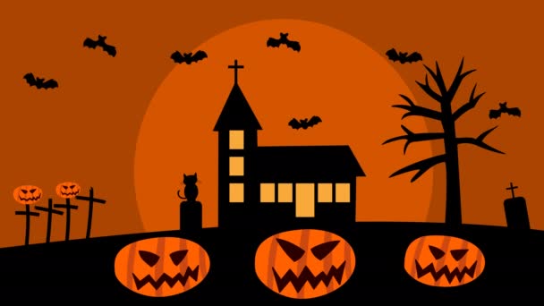 Halloween Dekoráció Sütőtök Denevér Macska Temető Narancs Hold Zöld Háttér — Stock videók