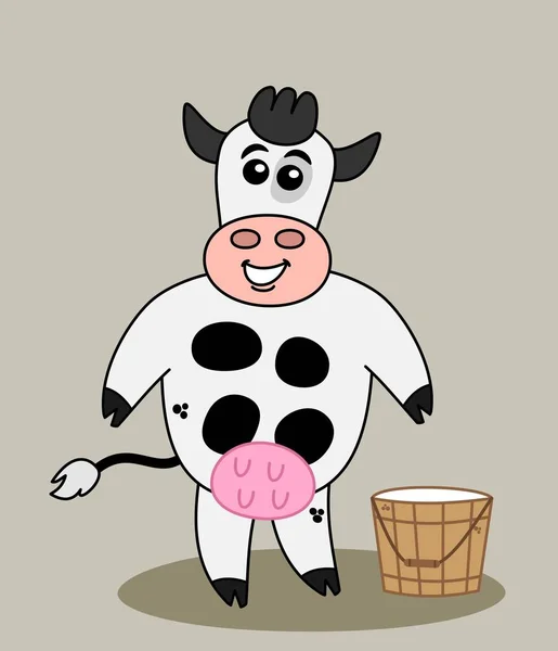 Smiling Dairy Cow Bucket Full Fresh Milk Colored Background — Stock Vector