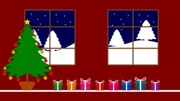 Різдвяна Ялинка Подарунками Зоряним Небом Кольоровому Зеленому Тлі Анімація — стокове відео