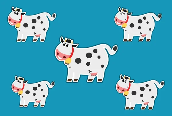 Mavi Arka Planda Çanı Olan Gülümseyen Süt Ineği Etiketi — Stok Vektör