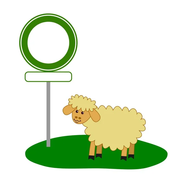 Young Sheep Green Meadow Green Panel White Background — Stock Vector