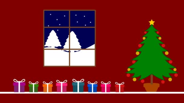 Arbre Noël Avec Cadeaux Ciel Étoilé Sur Fond Coloré Vert — Video